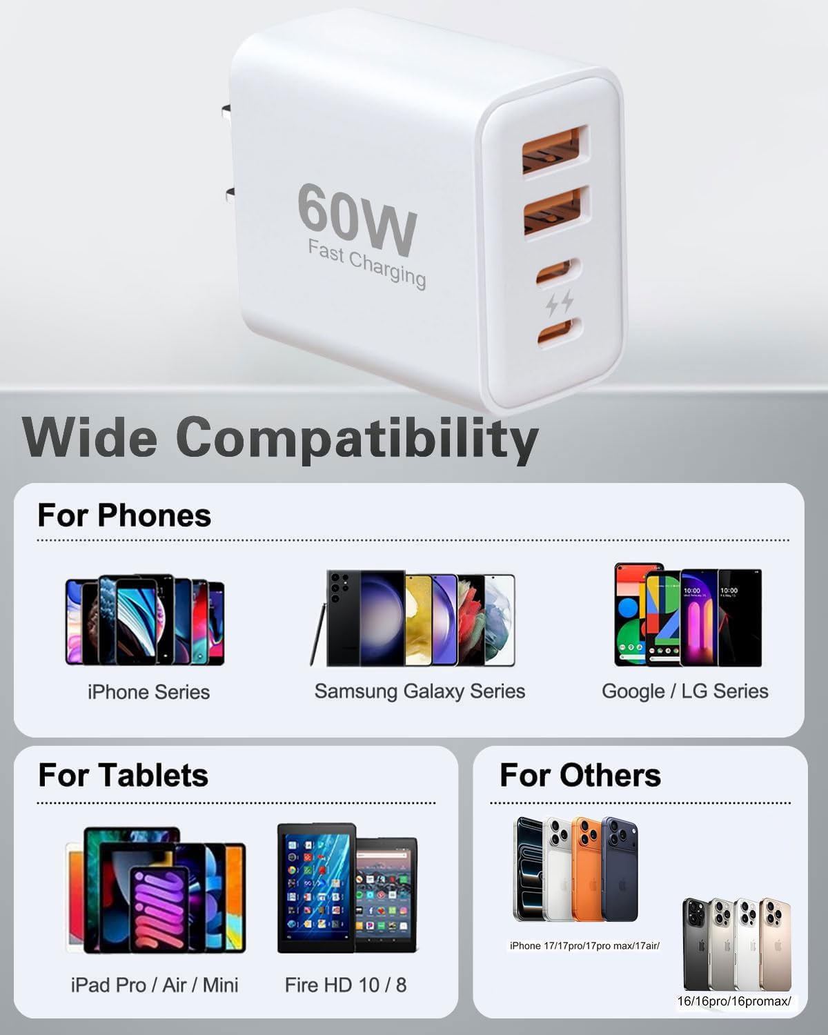 60W Fast Charger Block, 2 Pack, 2USB A+2USB C (30W+30W) Wall Charger, Multiport USB Charging Hub Compatible with iPhone 17/16/15/14/13, Android