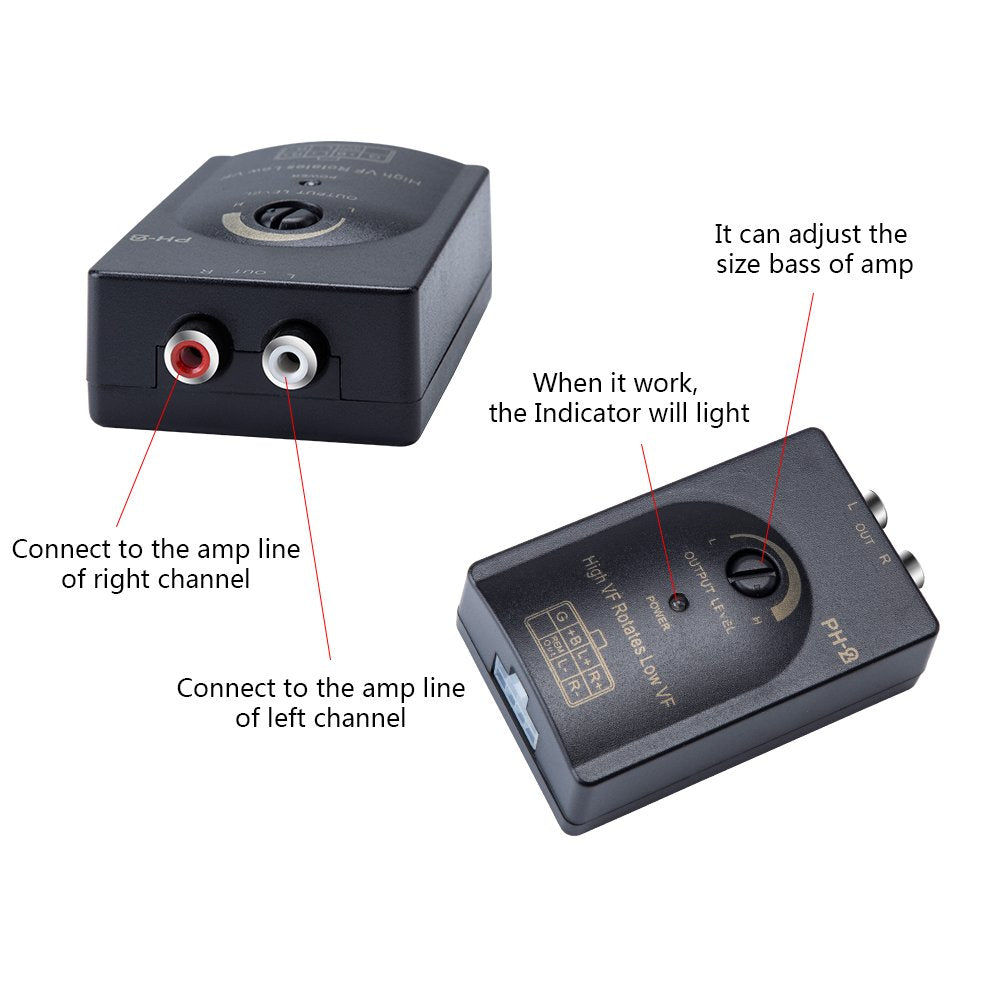 Mr. Ho Auto Car RCA High to Low 2-Channel Line Output Converter with Adjustable Subwoofer Level for Car Amplifier - Black