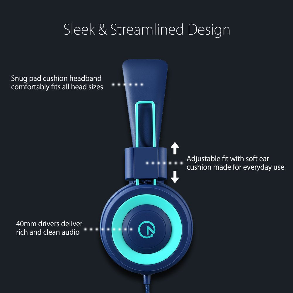 Kids Headphones - noot products K11 Foldable Stereo Tangle-Free 3.5mm Jack Wired Cord On-Ear Headset
