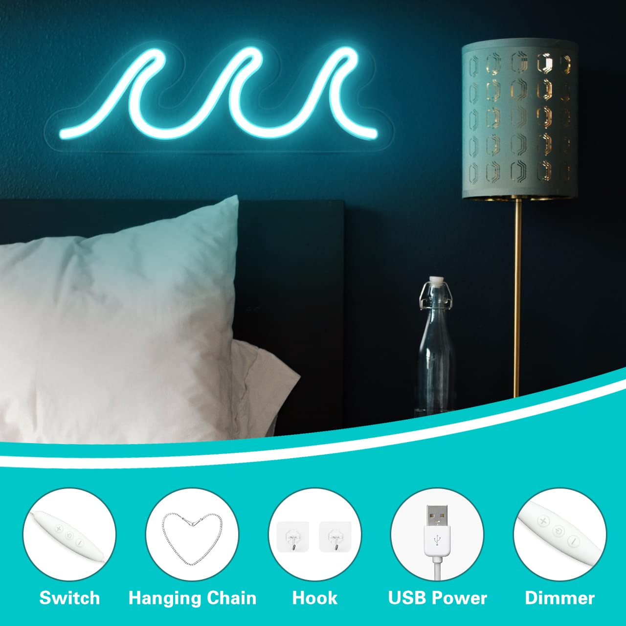 Wave Neon Signs for Bedroom, Ice Blue LED Neon Signs for Wall Decor, Night Lights USB Powered with Dimmer & Switch, Tropical Decor for Living Room