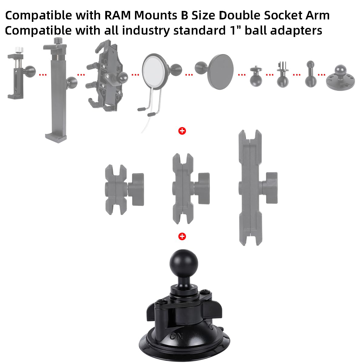Leenconghui Suction Cup Base Mount with 25mm/1" Ball,Compatible with RAM Mounts and Other B Size Double Ball Socket Arm