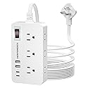 Surge Protector Power Strip - 5Ft Braided Extension Cord Flat Plug with 6 Outlets and 2 USB-A 2 USB-C Ports, 1080 Joules Wall Mounted Charging Station