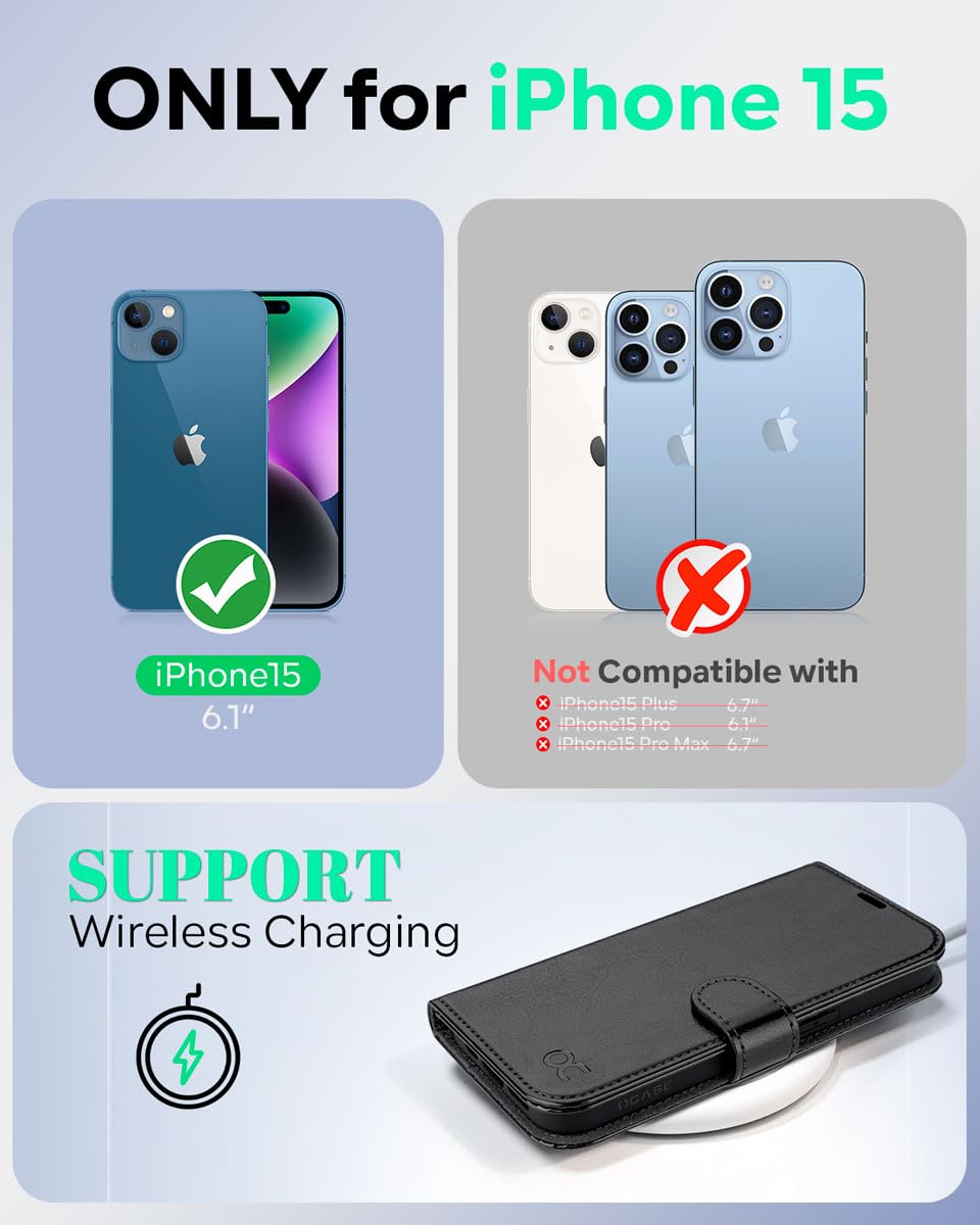 OCASE Compatible with iPhone 15 Wallet Case, PU Leather Flip Folio Case with Card Holders RFID Blocking Kickstand [Shockproof TPU Inner Shell] Phone