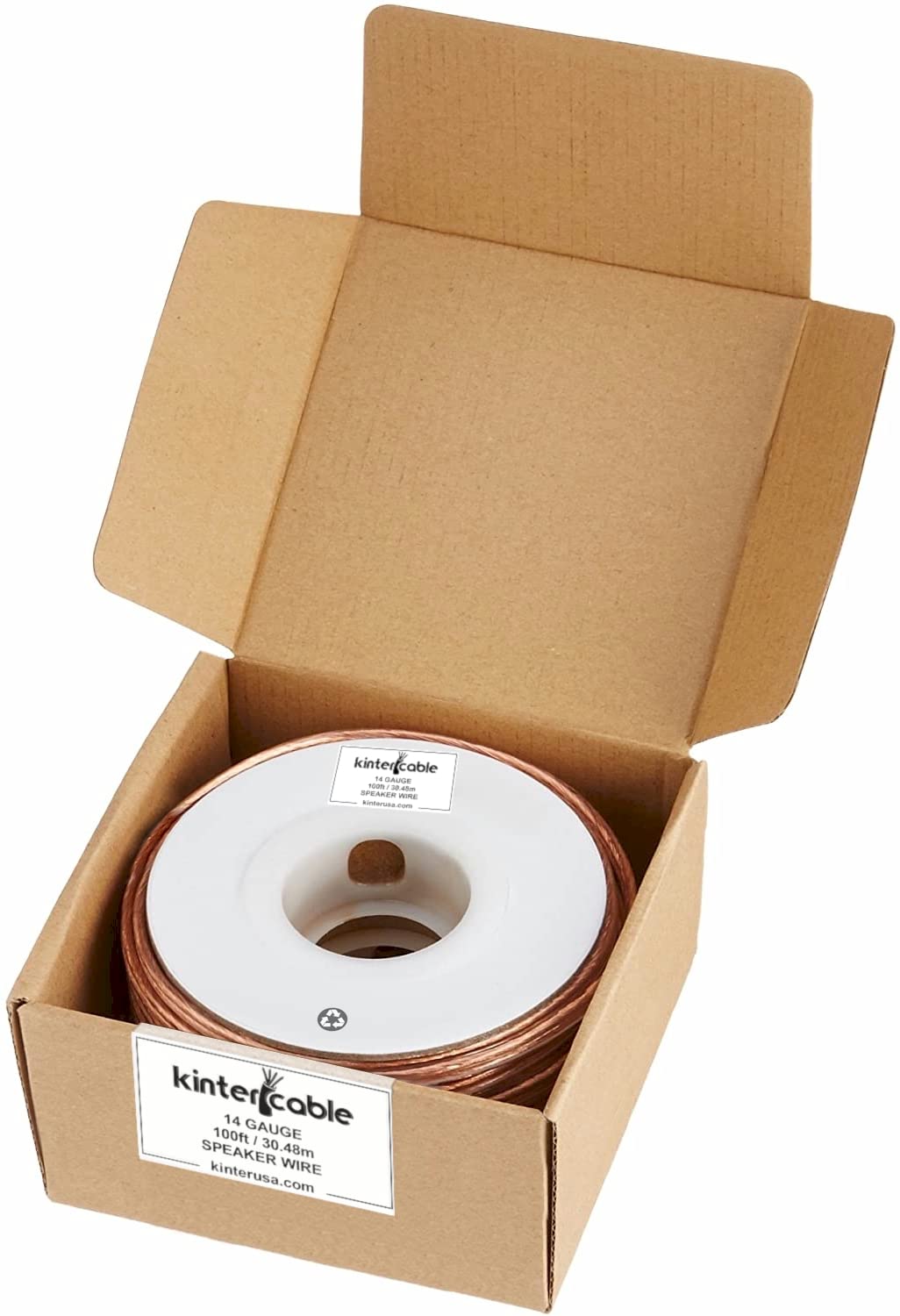 Kinter Cable 100ft 14-Gauge Audio Stereo Speaker Wire 30.48 Meters 2 Conductor Polarity Marked Clear PVC, CCA, Spool in Box, for Home Theater, HiFi