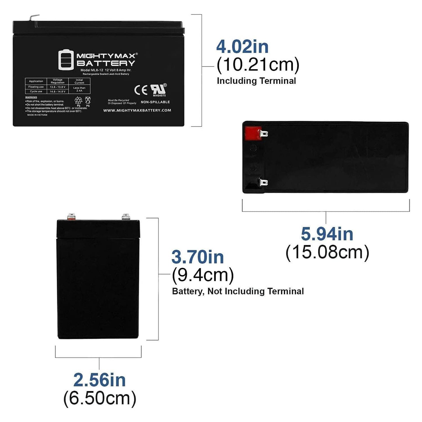ML8-12 - 12 Volt 8 AH, F1 Terminal, Rechargeable SLA AGM Battery