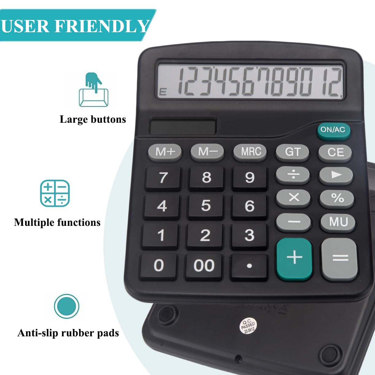Desk Calculator, Basic Office Calculator with 12 Digits Large Display, Dual Solar Power and Battery, 4 Function Simple Calculation, Big Button