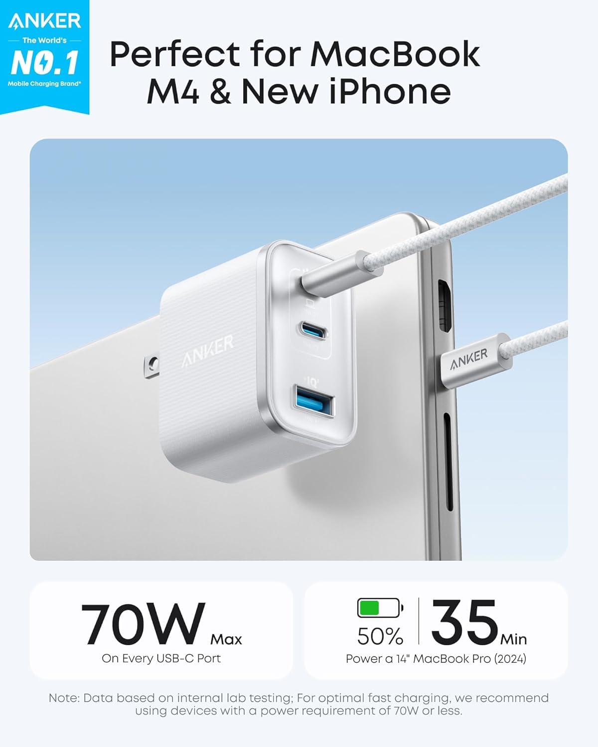 Anker Nano 70W Max 3-Port Fast Charger USB C, Type C Charger Fast Charging