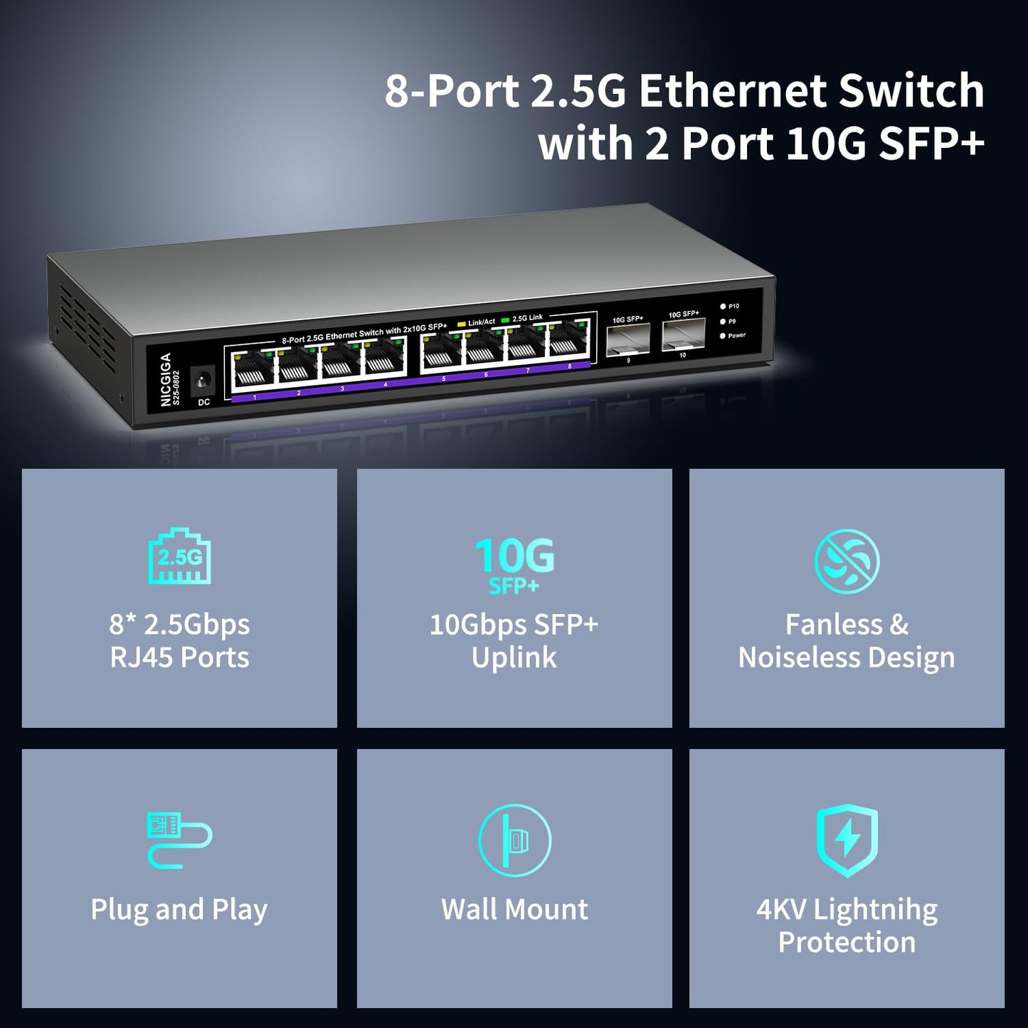 10 Port 2.5Gb Unmanaged Ethernet Switch with 8* 2.5G Base-T Ports + 2* 10G SFP+ Ports. NICGIGA 8 Port 2.5Gbps Network Switch for 2.5Gbps NAS/PC, WiFi6