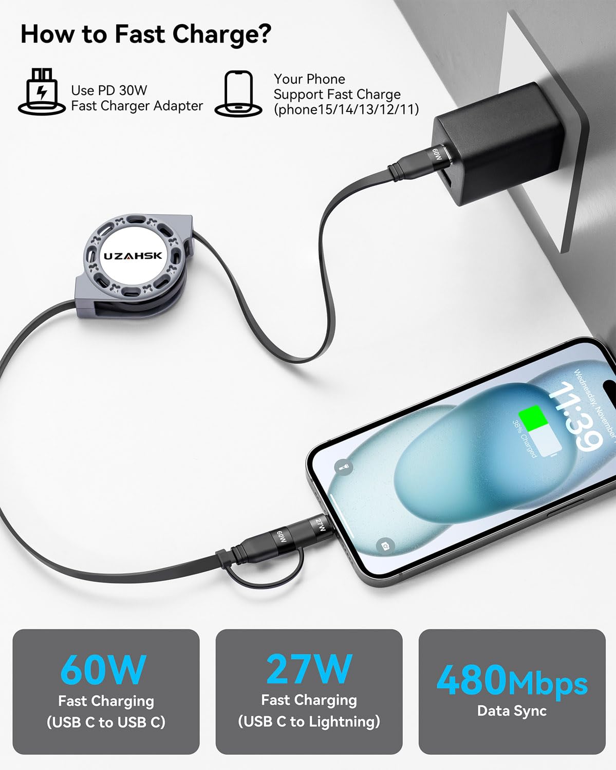 UZAHSK 2 in 1 Retractable USB-C to Lightning/Type-C Charger, 2Pack 4ft, 60W Fast Charge for iPhone 13/14/15/16/17 Pro…