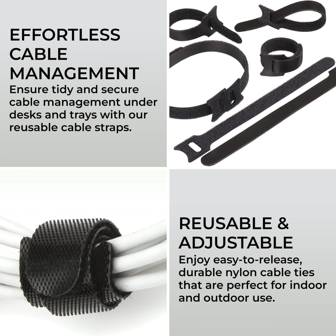 H&S Nylon Reusable Cable Ties for Cord Management - 50pcs - Adjustable Nylon Hook and Loop Straps - Strong Black Wire Organizer