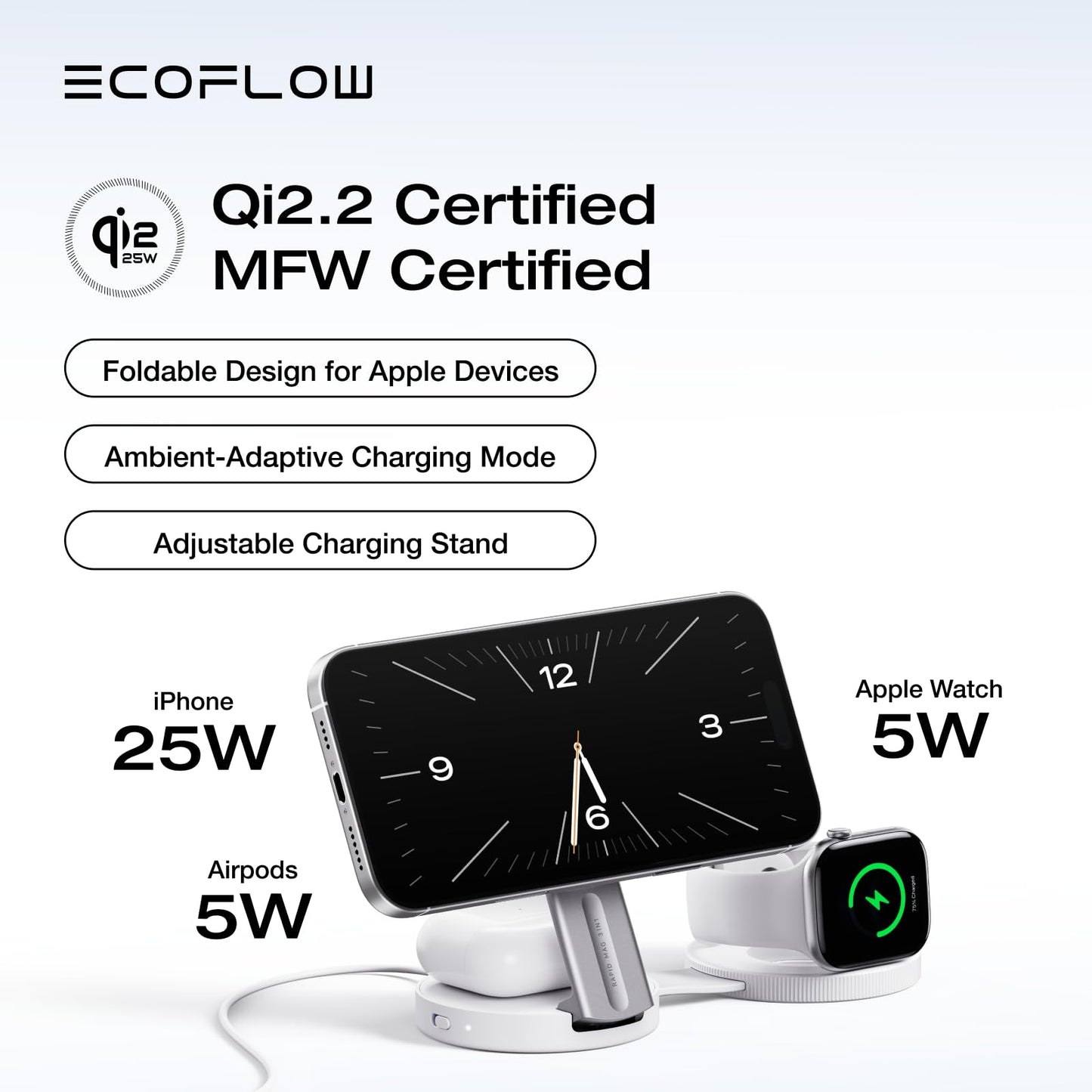EF ECOFLOW Rapid Mag 3-in-1 Magnetic Wireless Charging Station, Qi2.2 25W Foldable MagSafe Charger Stand for iPhone 17/16/15, Apple Watch & AirPods