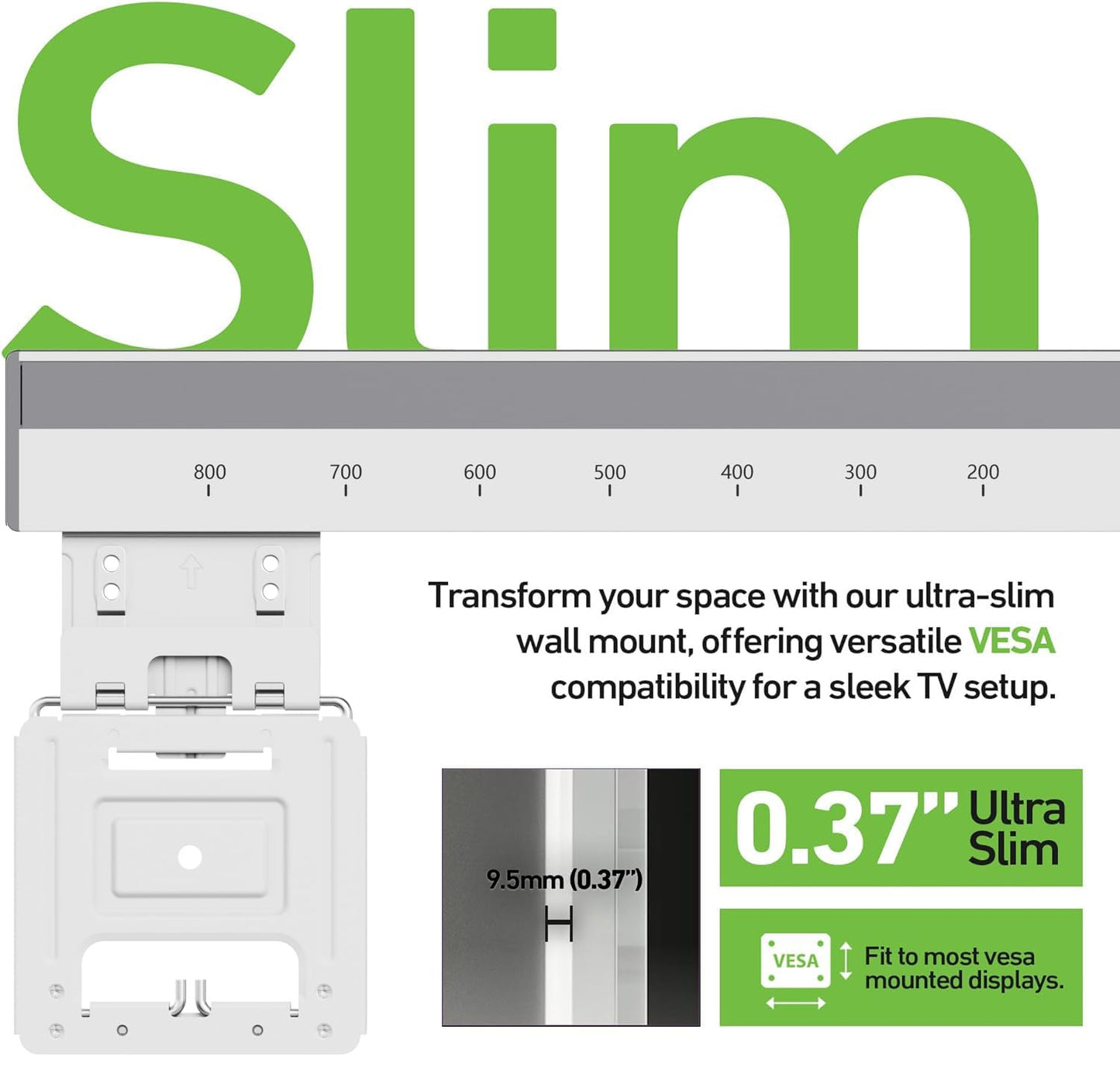 Ultra Slim Micro Gap Wall Mount for 43-100 inch TVs, Vesa 200x200-800x600, 165 lbs, Only.37 Profile, Kickstand, Magnetic Contacts, Tools & Bubble