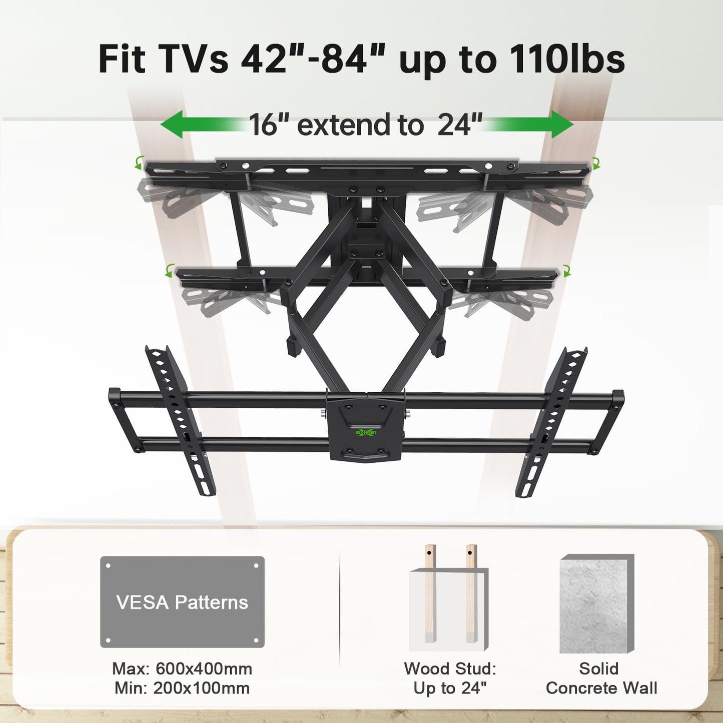 USX Mount Full Motion TV Wall Mount 42"-84" TVS, Fits 16" 18" or 24" Studs, Heavy Duty TV Mounts Bracket with Dual Articulating Arms Tilt Swivel