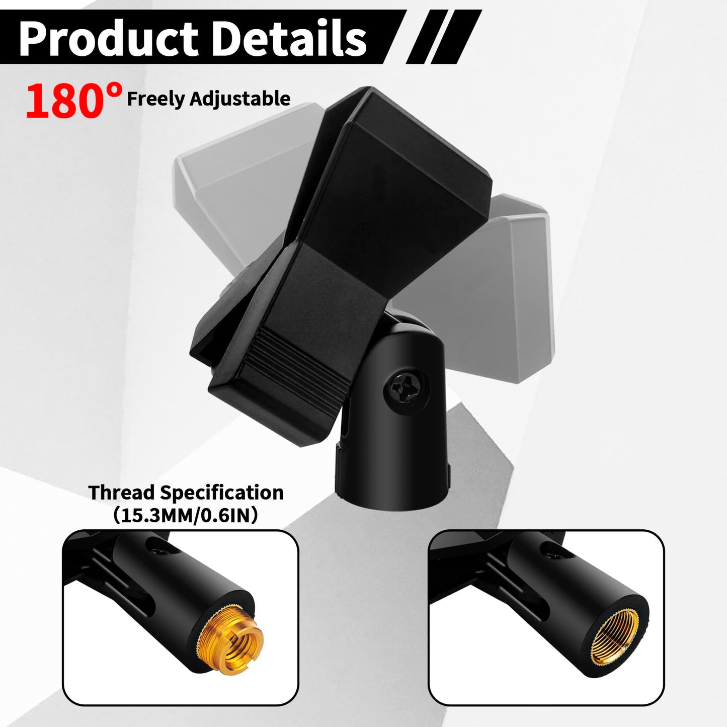 4 Pack Universal Adjustable Mic Clips for Stands, Wireless Microphone Holder with 5/8 to 3/8 Inch Adapter, 180° Adjustable Knob, Secure Clamp for Mic