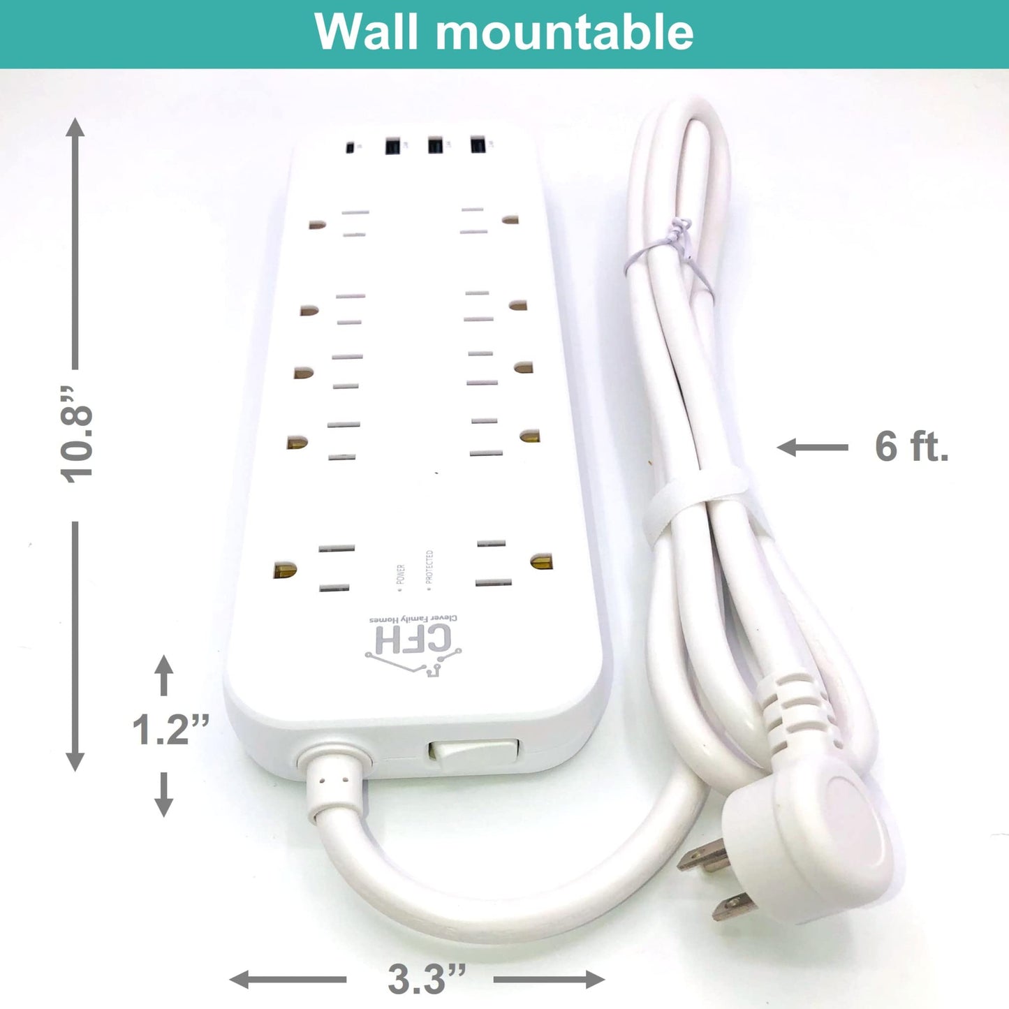 Heavy Duty 3000-Joule 10-Outlet 4-USB Fire Safe Surge Protector with Outlet Saver Power Cord and USB Charge Cables