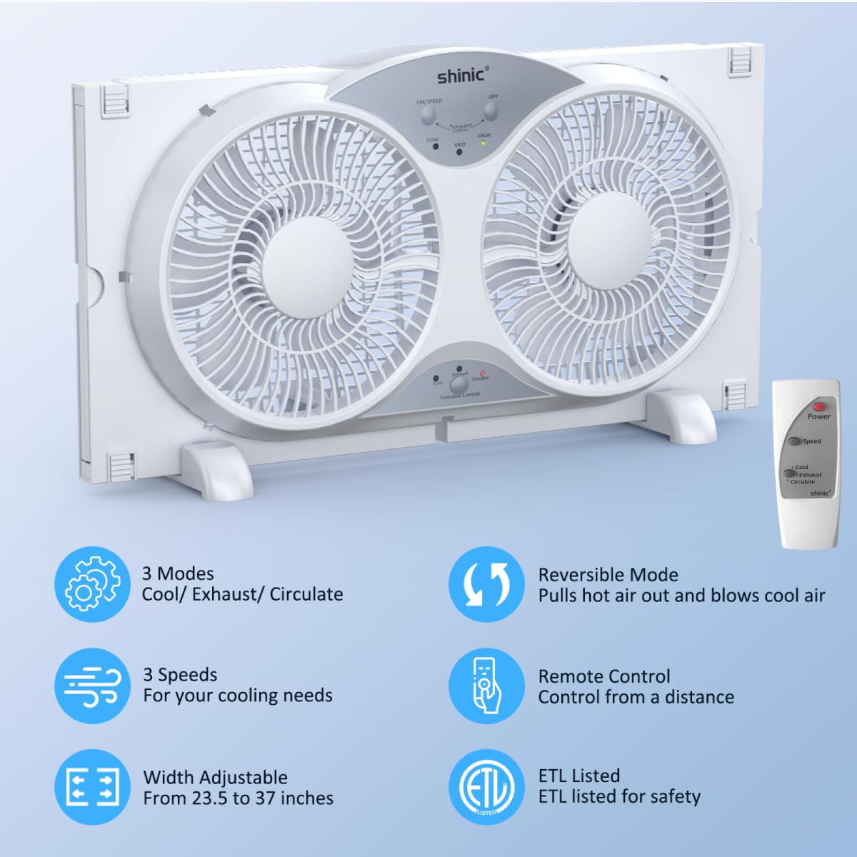 shinic 9" Window Fan Low-Noise Reversible Remote Control 3-Speed, ETL