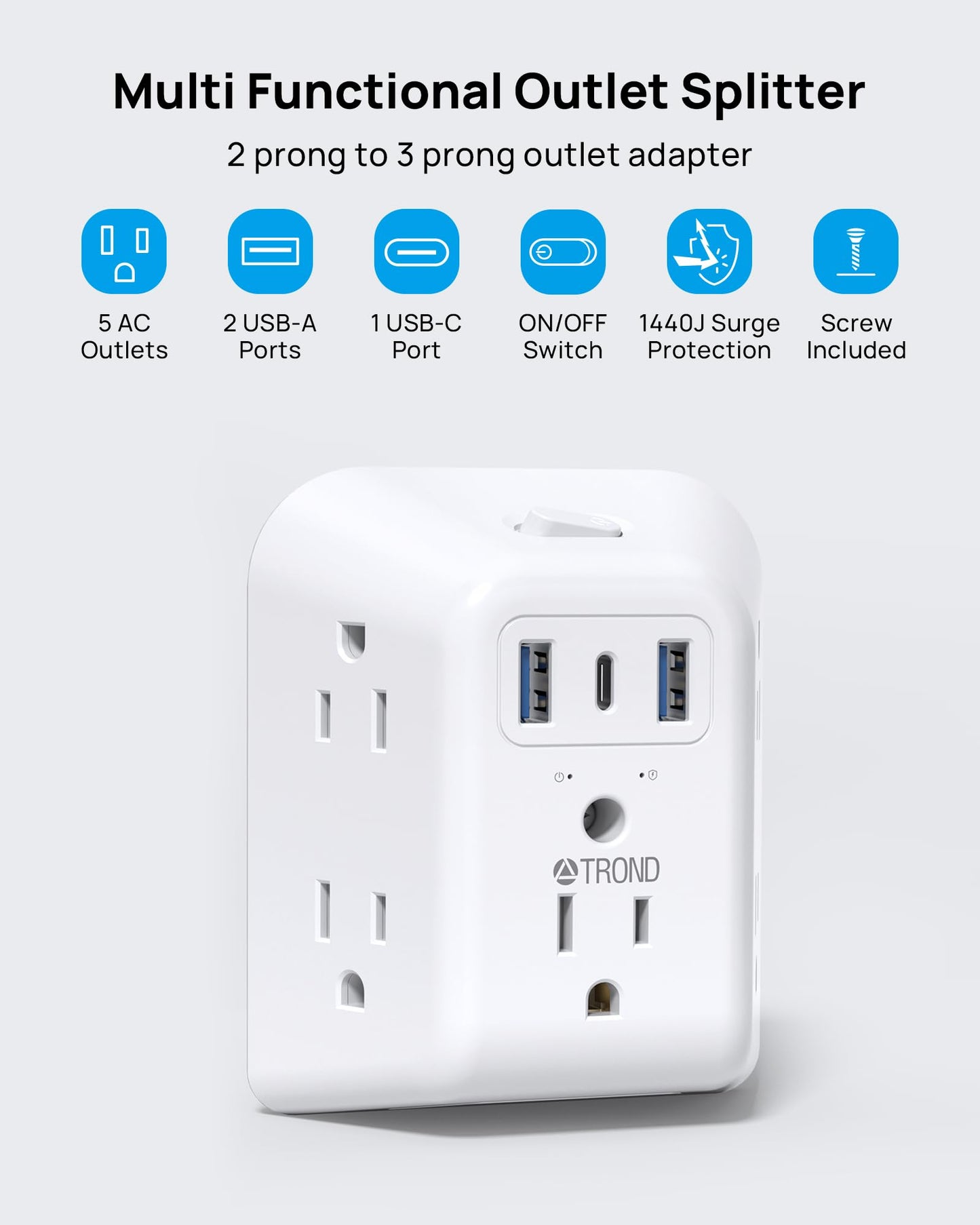 TROND 2 Prong to 3 Prong Outlet Adapter, 1440J Surge Protector Power Strip 2 Prong, Featured 5 AC Outlets and 3 USB Ports, Wall Plug Extender