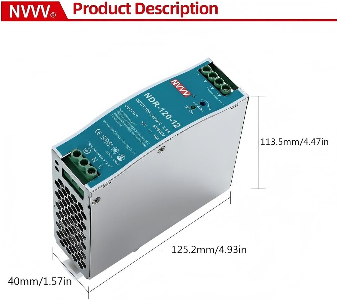 12Vdc 10Amp DIN-Rail Power Supply NDR 120W, Input:100-240VAC,Output:12VDC,Power Supply Switch Switching Converter DC