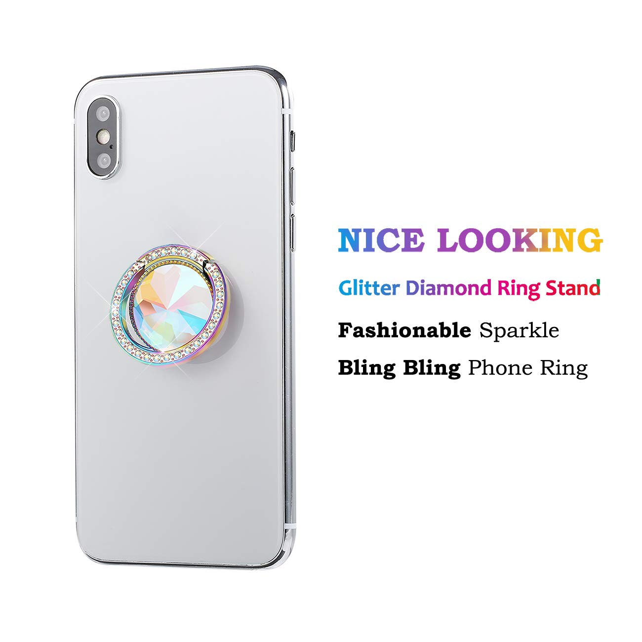 lenoup Iridescent Glitter Bling Bling Phone Ring Holder,Sparkle Phone Ring Artificial Diamond Stand,Rhinestone Cell Phone Finger Ring(Rainbow)