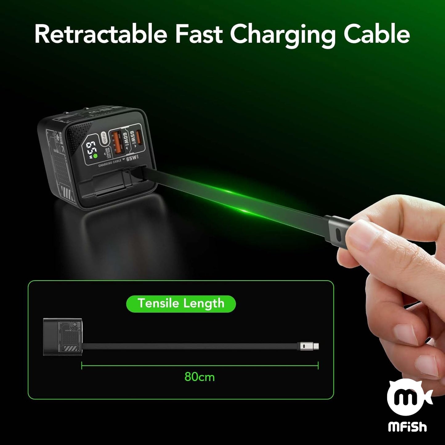 MFish 65W GaN Fast Wall Charger, USB C Charger Block Built?in 2.6ft Retractable USB?C Cable, USB?C & USB?A Wall Charger with Digital Display