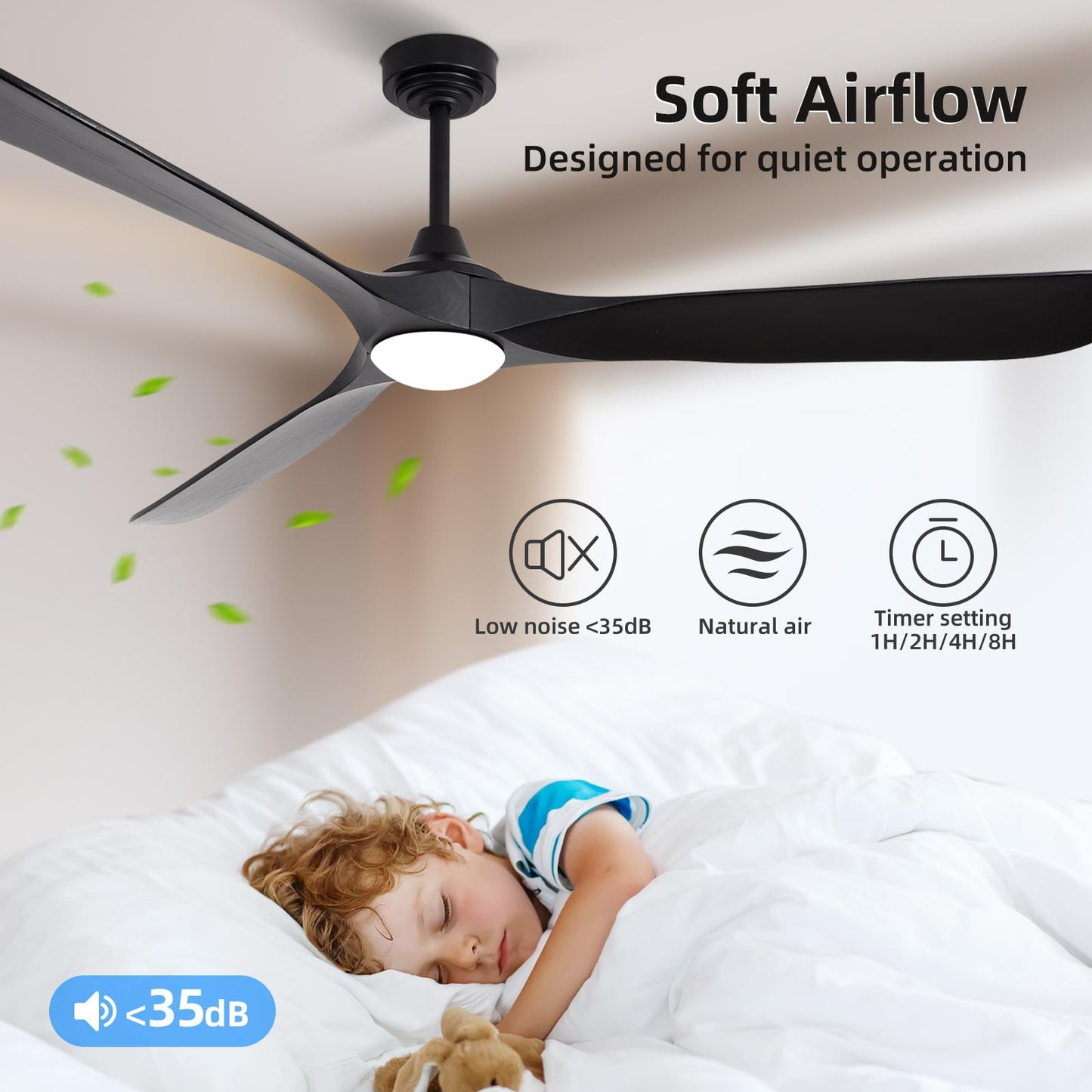 Homlit Ceiling Fan with Lights, 72'' Solid Wood Indoor/Outdoor Ceiling Fan with Quiet Reversible DC Motor, Compatible with Alexa/Google/App, 3CCT