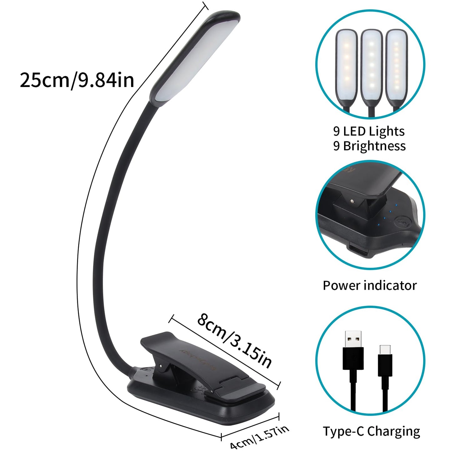 Bsdgeclogy 9 LED Rechargeable Book Light for Reading in Bed - Eye Caring with 3 Color Temperatures, 80 Hrs Runtime, Lightweight Clip-On Light for Book