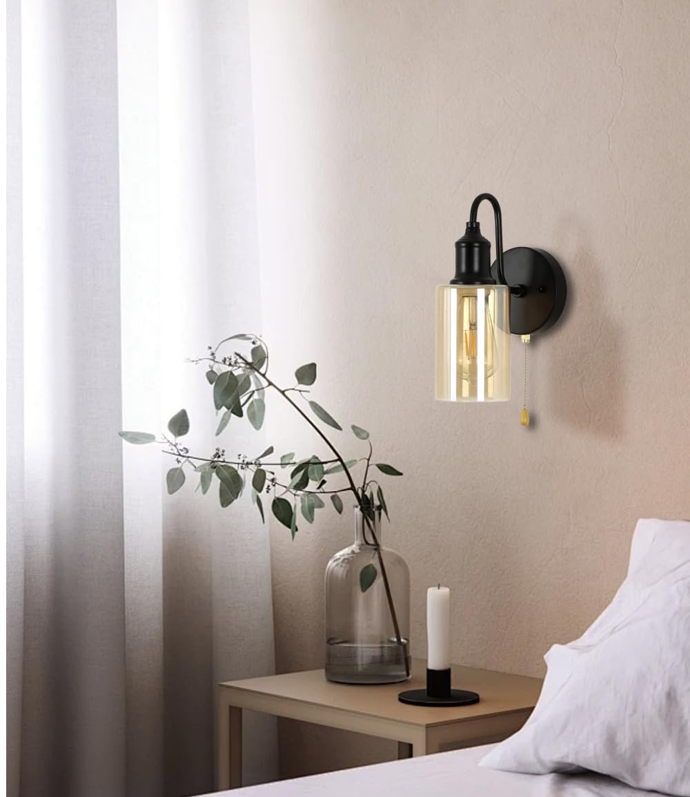 VinTopsh Vintage Glass Wall Sconces with Pull Chain Switch,Bathroom Vanity Wall Light Fixtures for Kitchen Living Room Bedroom Bath Hallway