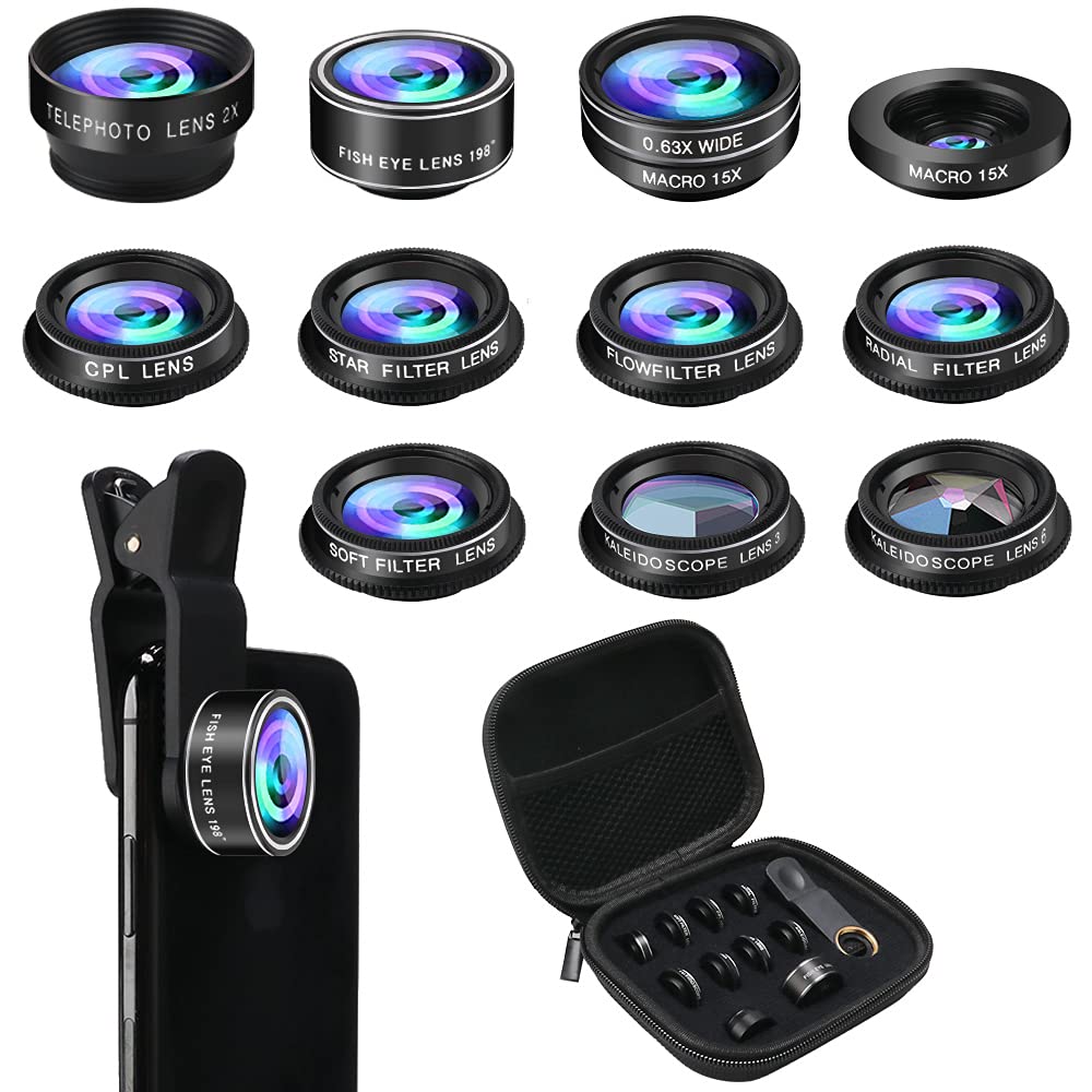 Phone Camera Lens Kit, 11 in 1 Cellphone Lens Kit for iPhone and Android, 0.63X Wide Angle+15X Macro+ 198°Fisheye+Telephoto+CPL/Flow/Radial/Star/Soft