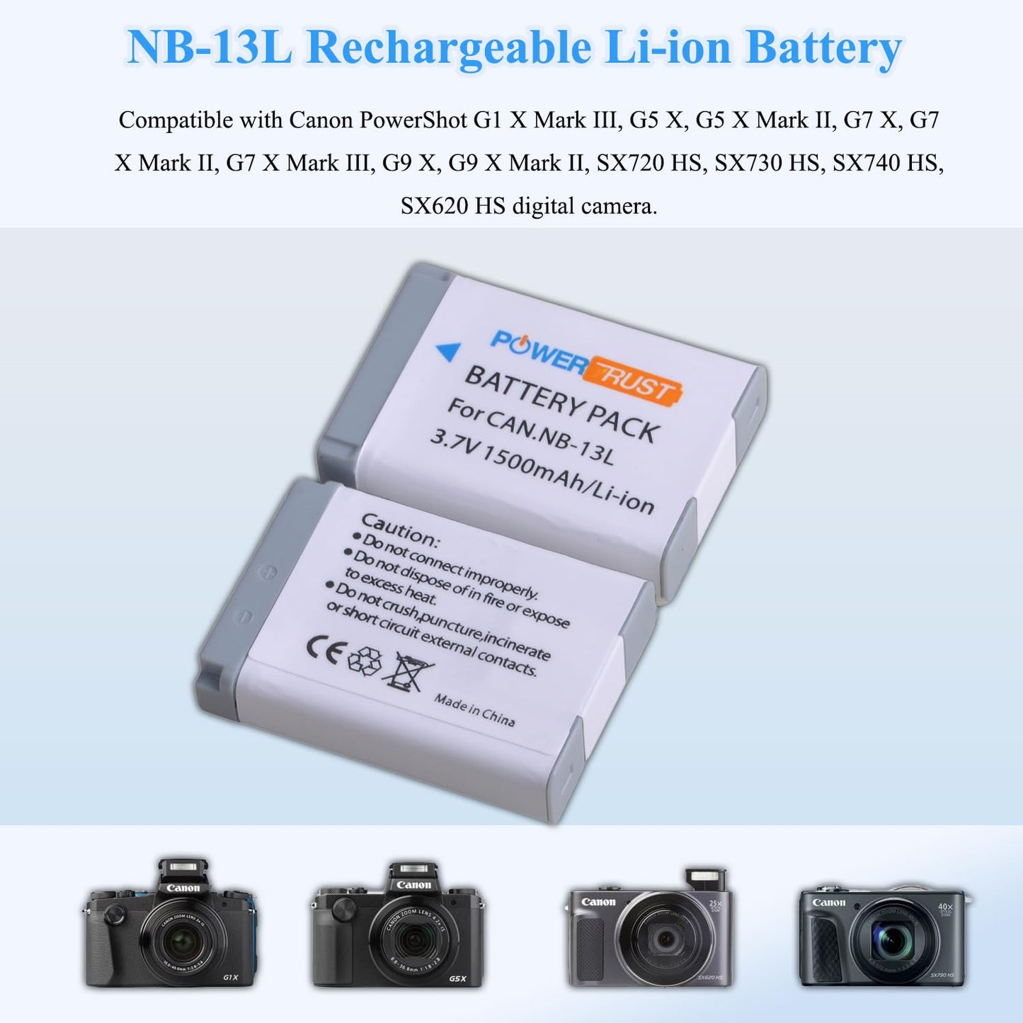 Powertrust 2 Pack NB-13L Battery + LCD USB Charger Compatible with Canon PowerShot G5X, G7X, G9X, G7 X, Mark II G9 X, SX620, SX720, SX730 HS