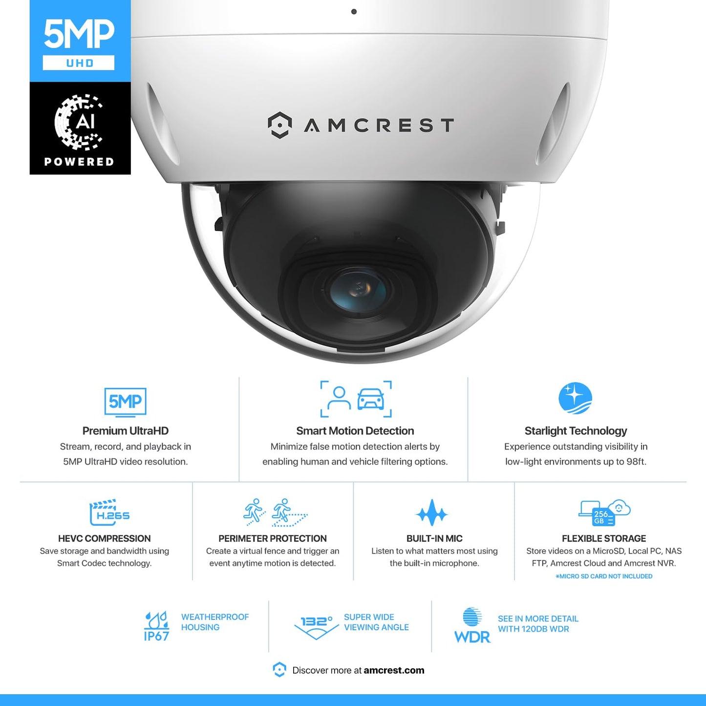 Amcrest Pack of 2, 5MP POE Camera, Outdoor Vandal Dome Security POE IP Camera, 5-Megapixel, 98ft NightVision, 132° FOV, IP67, MicroSD 256GB (Sold