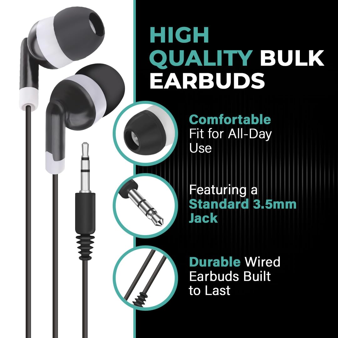 JustJamz Bulk Earbuds 100 Pack | Wired in-Ear Earphones for Classroom, Students, Kids, and Libraries | Disposable Headphones with 3.5mm Jack, Perfect…