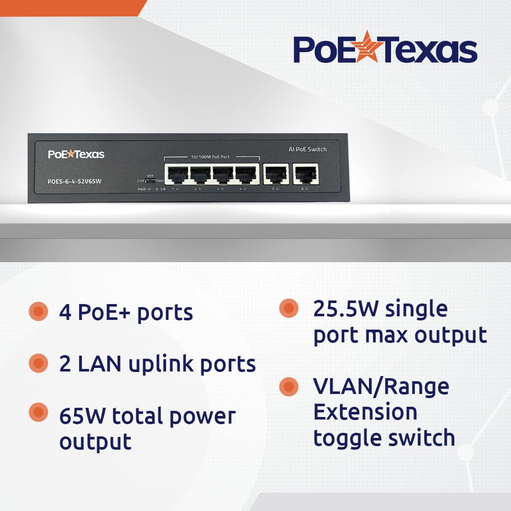 PoE Texas 4-Port PoE+ Switch with 2 Uplinks, VLAN, 65W