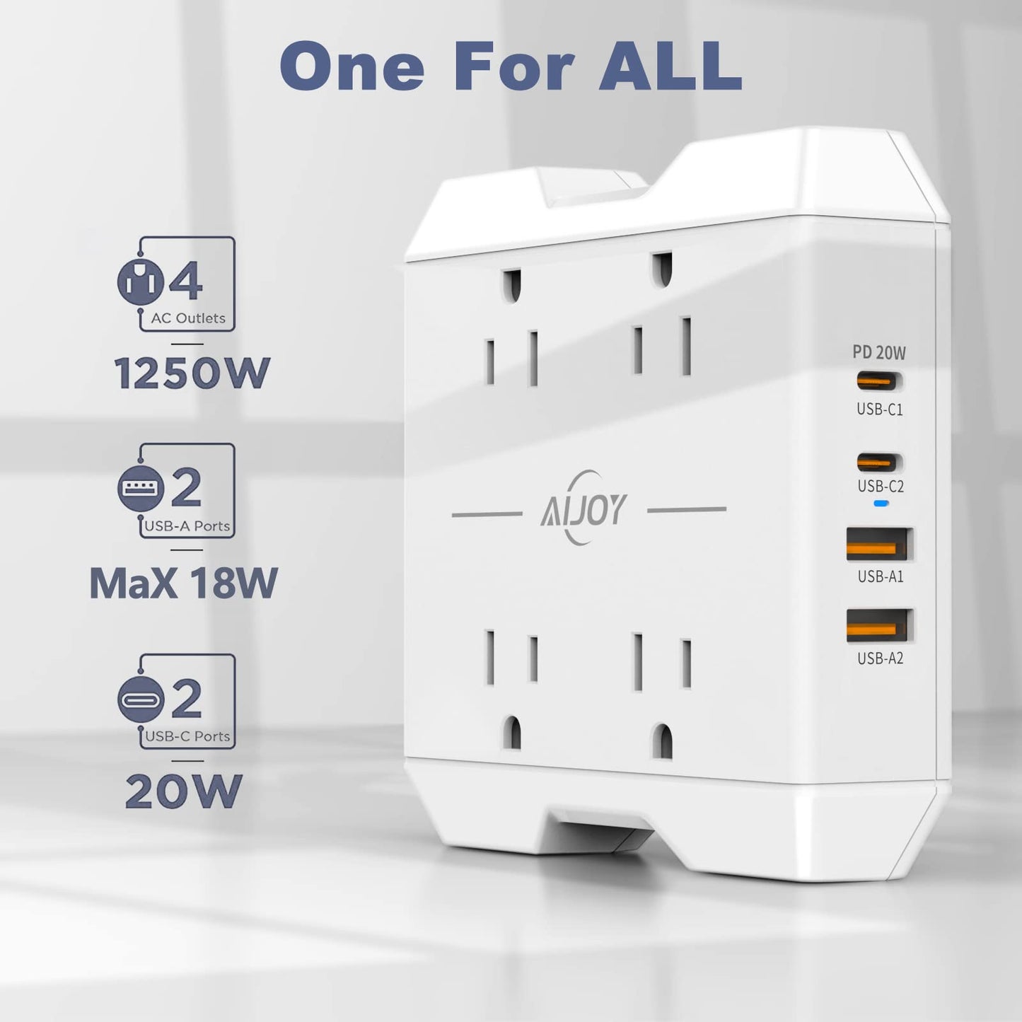 USB-C Power Strip 20W Fast Charging, AiJoy 5 FT Extension Cord, 4 AC Outlets & 4 USB Ports, Wall Mount Compact Surge Protector for Home Desk