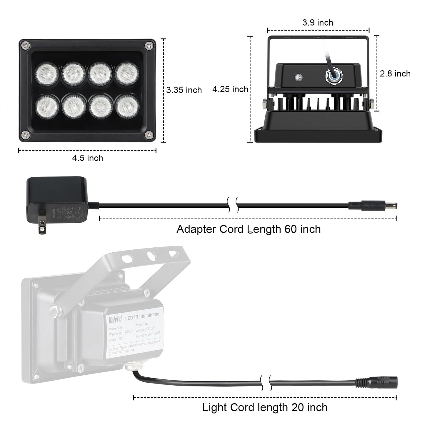 Univivi IR Illuminator 90 Degree Wide Angle 8-LEDs IR Infrared Light 850nm Infrared Illuminator for Night Vision IP67 Waterproof Outdoor for Security