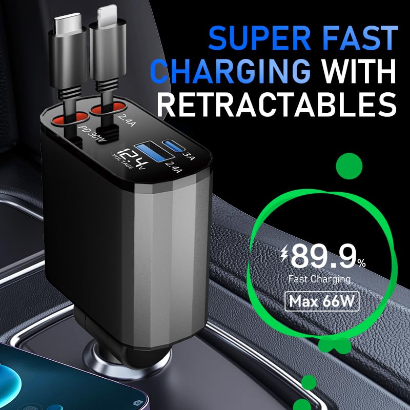 TICCI Retractable Car Charger 66W USB C Retractable with Cables, Car Phone Charger for iPhone 16/15/14 Android, Galaxy, Pixel, Car Accessories Fast