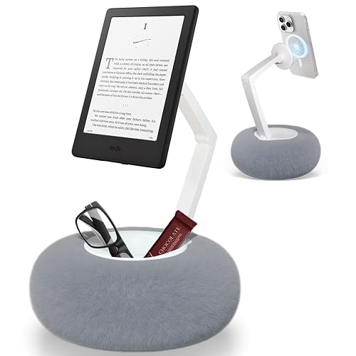 BIVOGID Upgraded Magnetic Kindle Holder for Bed, Dual-Axis 360° Adjustable Pillow Stand with Bowl & Suction Cup Base, Compatible with 3.5-7" Kindle