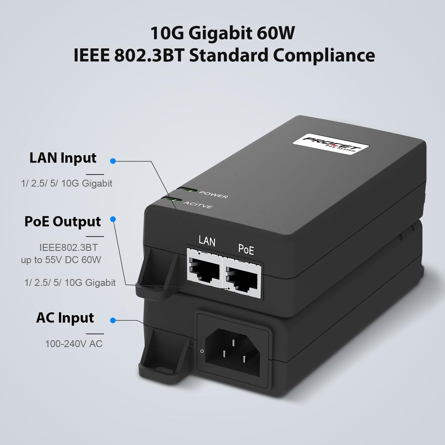 PROCET 10 Gigabit PoE Injector 60W Active IEEE802.3BT for eero PoE 7, UniFi E7 Campus, U7 Pro XG, Sisco Wireless Access Point, PTZ AI Camera, NAS