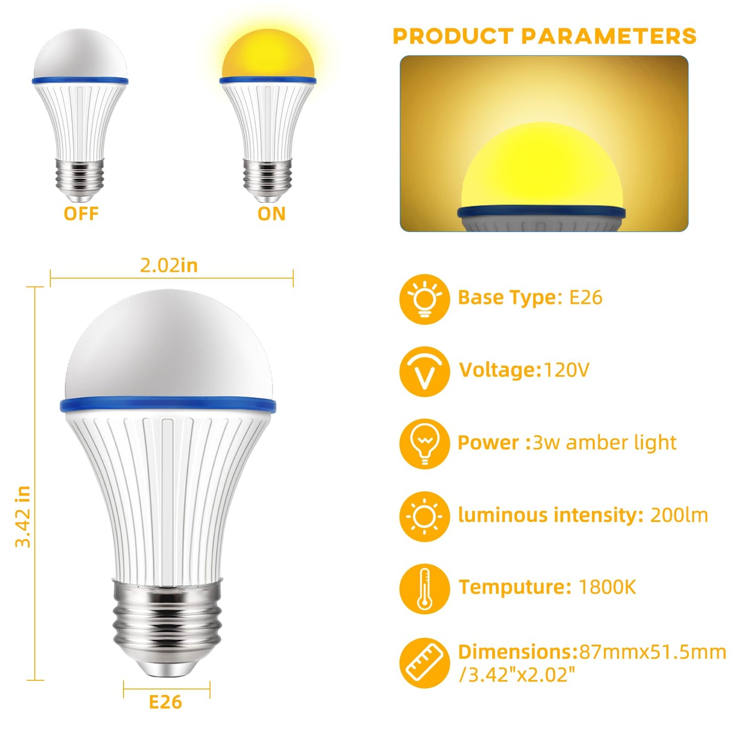 KINUR A15 3W Amber Dim Light Bulb, 25W Equivalent Low Watt E26 Warm Light for Healthy Sleep & Baby Nursery, 4 Pack