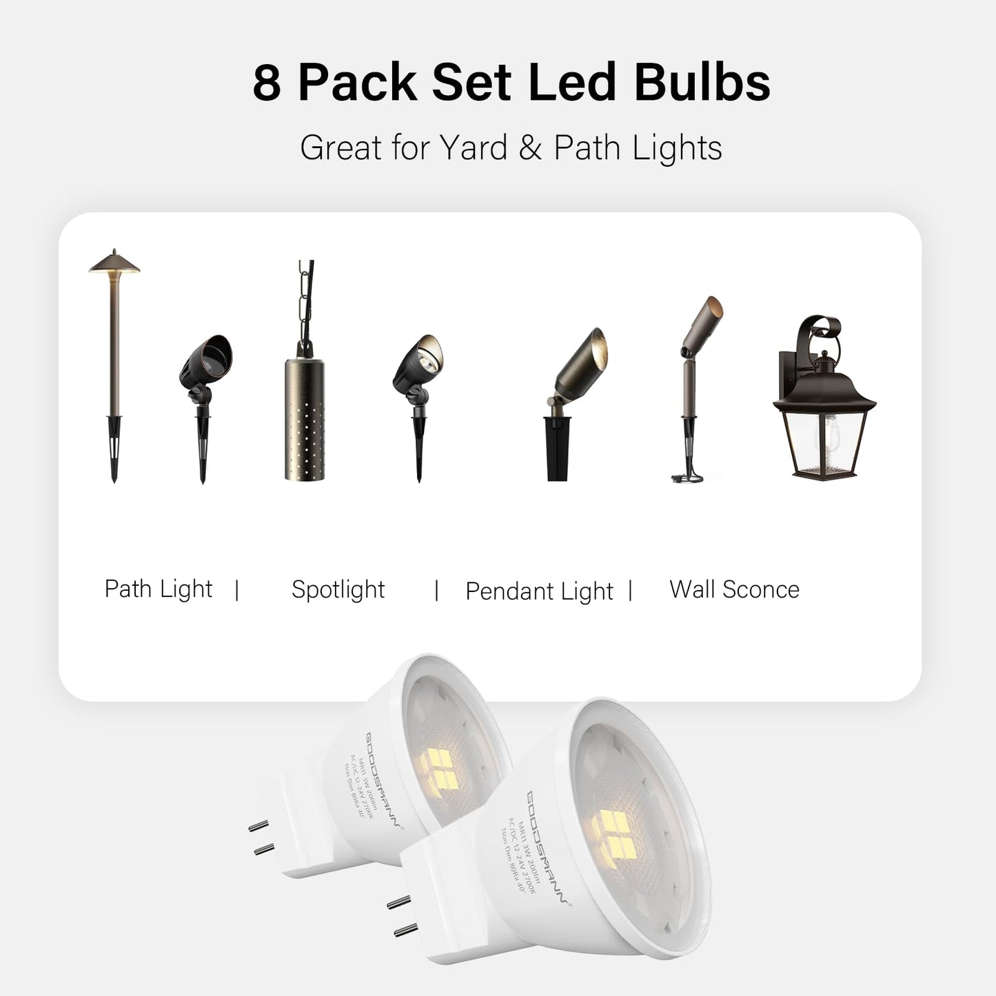GOODSMANN 8-Pack MR11 LED Bulbs GU4 Bi-Pin Base 3W 200 Lumens 2700K Warm White 12-24V AC/DC Low Voltage Bulbs for Landscape Pathway Lights