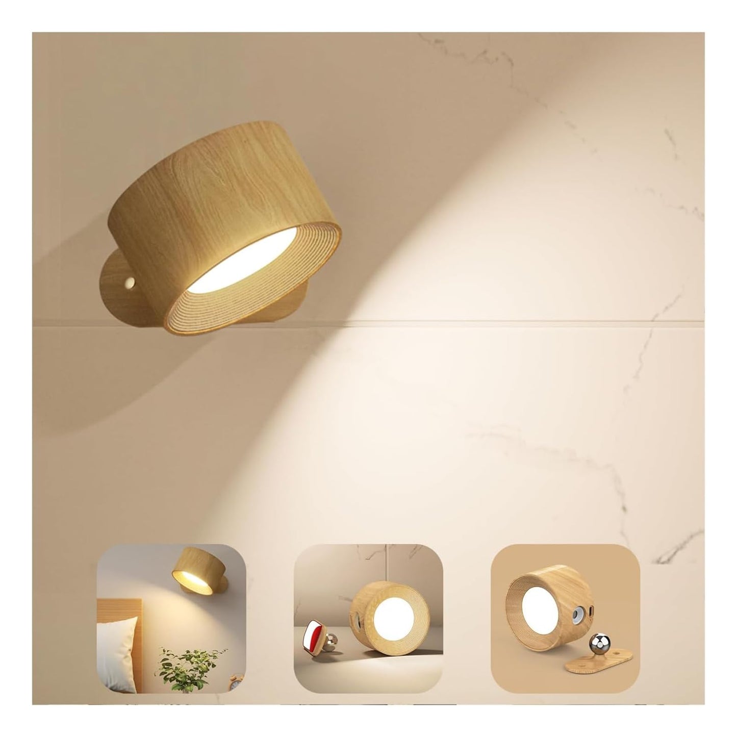 AKSDA Rechargeable Wall Sconce, Battery Operated LED Reading Light with 360-Degree Rotation Magnetic Mounting, Dimmable 3 Color Temps Touch Control