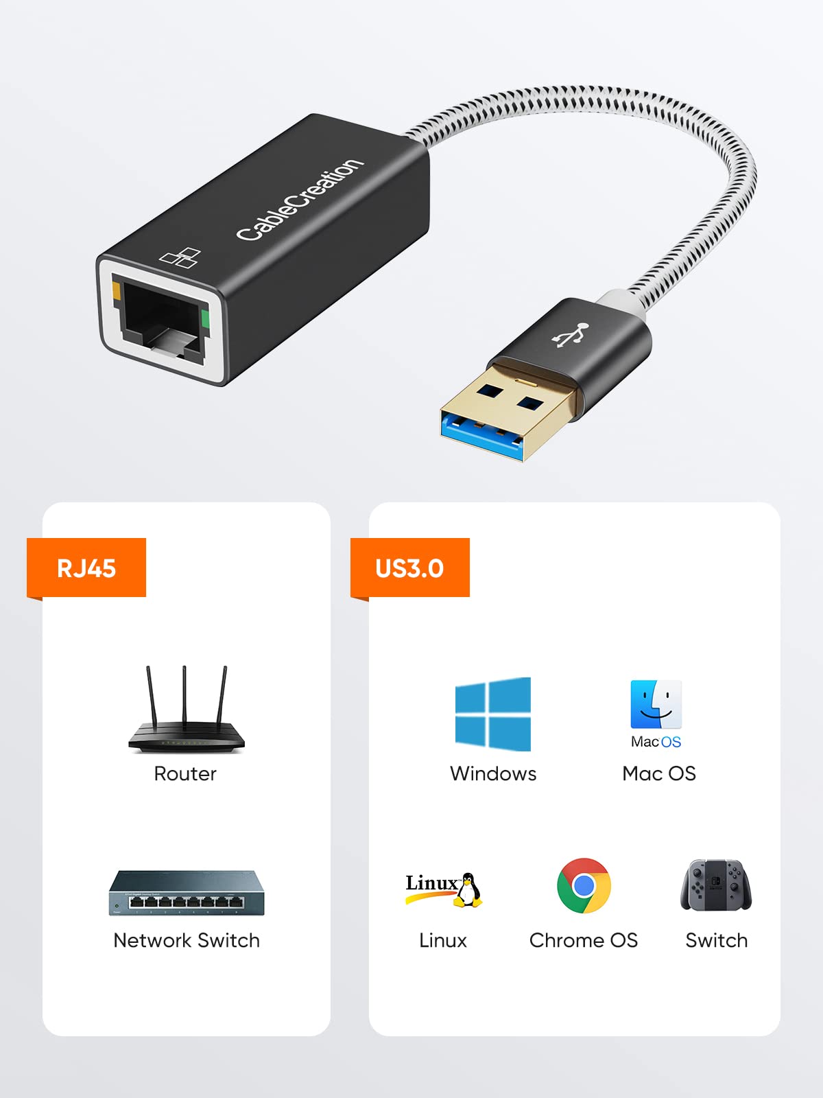 CableCreation USB to Ethernet Adapter, USB 3.0 to 10/100/1000 Gigabit Ethernet LAN Network Adapter Compatible with Nintendo Switch, MacBook, Windows