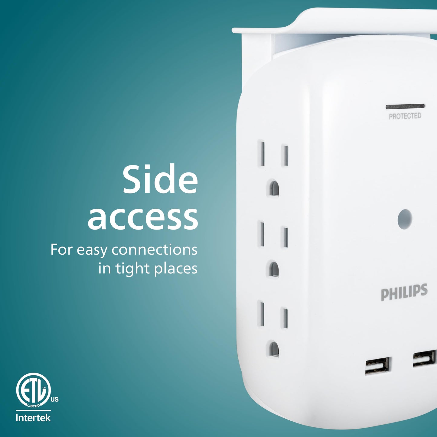 Philips 6-Outlet Tap with Device Shelf, 450J, Space Saving Design with Indicator Light, for Smartphone Charging Station, Multi-Use, 2 USB Ports