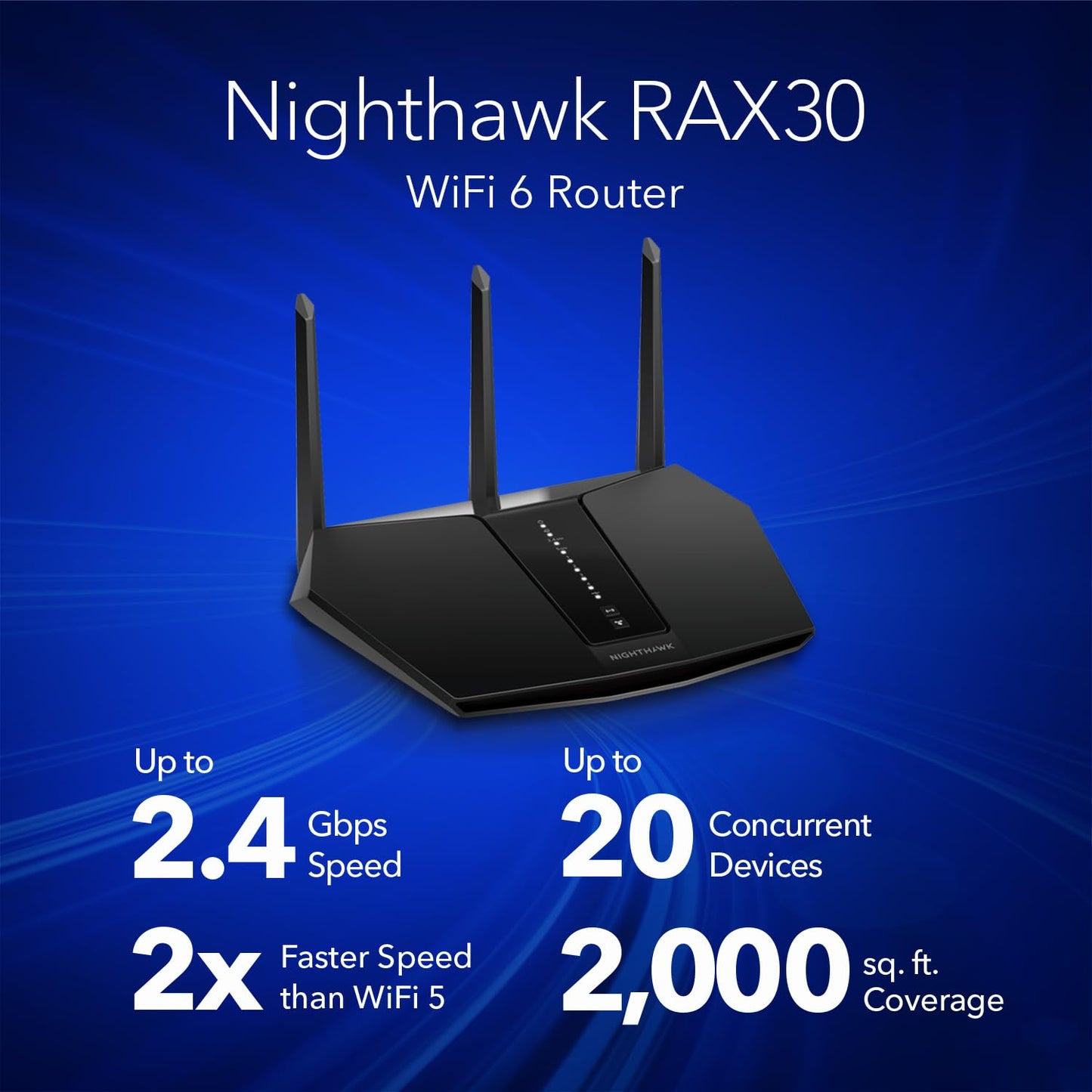 NETGEAR Nighthawk WiFi 6 Router (RAX30) - Security Features, 5-Stream Dual-Band Gigabit Router, AX2400 Wireless Speed (Up to 2.4 Gbps), Covers Up