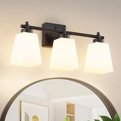 ECOBRT 3-Light Bathroom Light Fixtures, 20" Black Modern Vanity Lights with Glass Shade, Bathroom Wall Lamp for Mirror Kitchen Living Room Hallway
