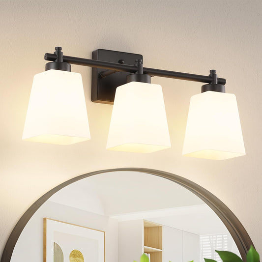ECOBRT 3-Light Bathroom Light Fixtures, 20" Black Modern Vanity Lights with Glass Shade, Bathroom Wall Lamp for Mirror Kitchen Living Room Hallway