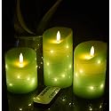 Green LED flameless Candle with Embedded Starlight String, 3 LED Candles, 10-Key Remote Control, 24-Hour Timer Function, Dancing Flame, Real Wax