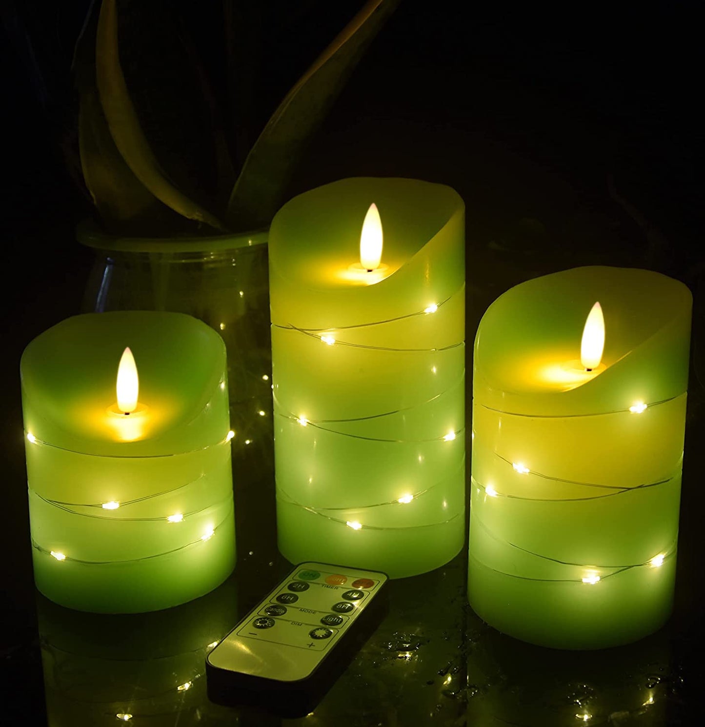 Green LED flameless Candle with Embedded Starlight String, 3 LED Candles, 10-Key Remote Control, 24-Hour Timer Function, Dancing Flame, Real Wax