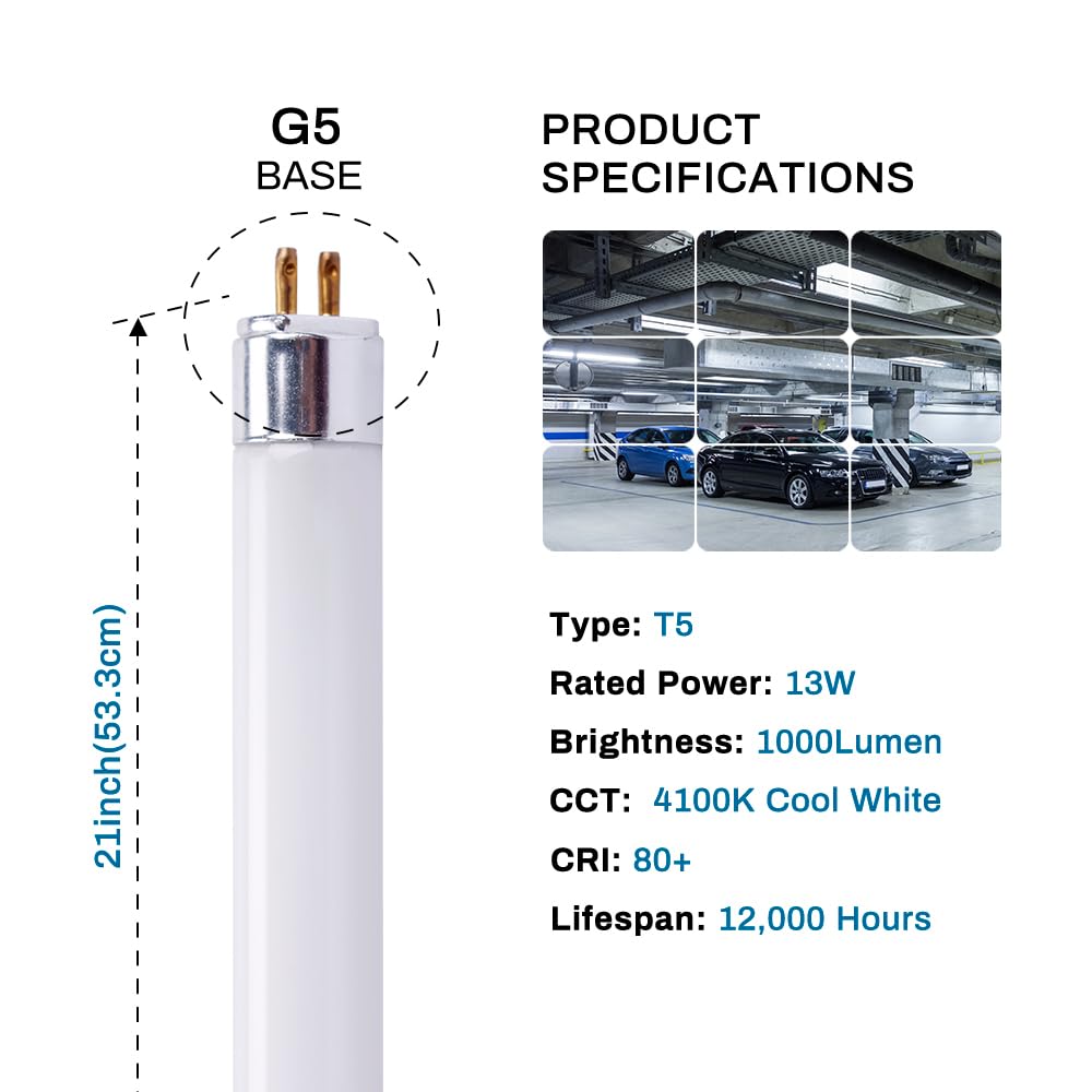 21 Inch F13T5/CW Fluorescent Light Bulb, T5 13 Watts, 4100K Cool White Under Counter Light Bulbs, Replacement Bulb for Under Cabinet Light, G5 Mini