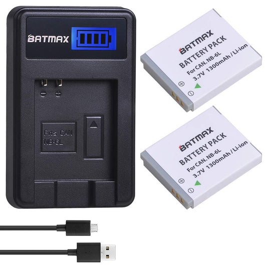 Batmax 2Pcs 1300mAh NB-6L NB 6L NB-6LH Battery + LCD USB Charger for Canon PowerShot S120, SX170 is, SX260 HS, SX280 HS, SX500 is, SX510 HS, SX520 HS
