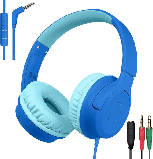 FNSHIP Kids Wired Headphones with Microphone, 85/94dB Safe Volume Limiter,Foldable,3.5mm Jack Over-Ear Cord Headset for Online Study/Travel…